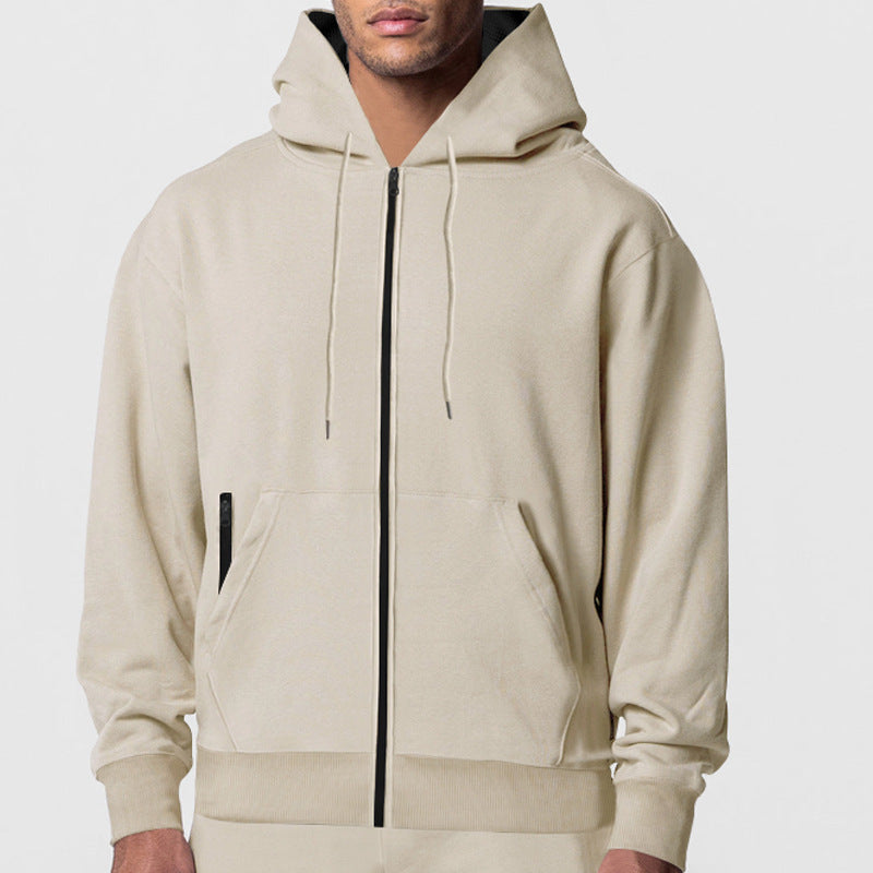 Fall Winter Men's Solid Color Long-sleeve Zipper Hooded Sports Casual Fleece Warm Sweatshirt