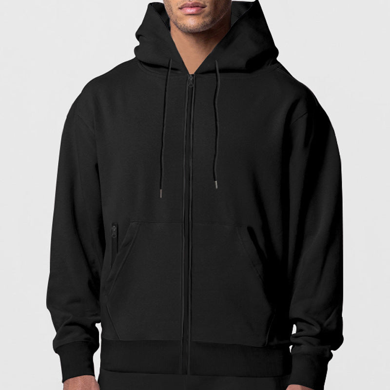 Fall Winter Men's Solid Color Long-sleeve Zipper Hooded Sports Casual Fleece Warm Sweatshirt